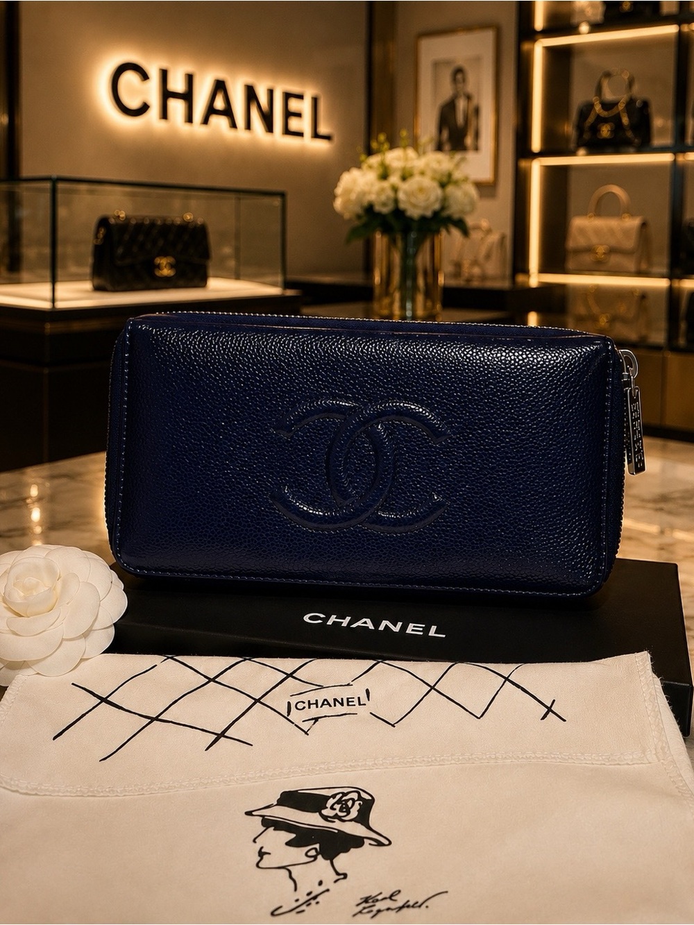 Vintage Chanel Blue Caviar CC Zip Around Wallet Clutch Leather Made in Spain